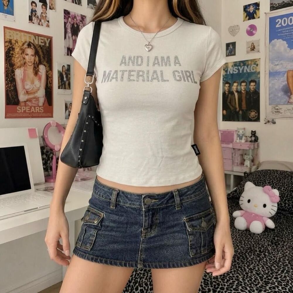 Y2K White Twenti Iconic Sparkly Material Girl Baby Tee Madonna XXS Grunge Indie